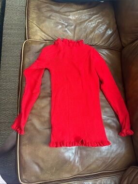 Ribbed Red Ruffle Neck & Hem Long Sleeve Top